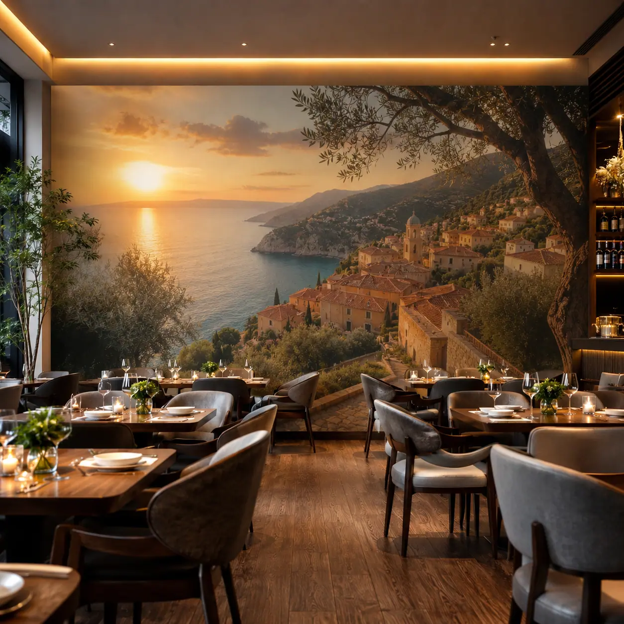 Custom Amalfi Coast Mediterranean scene printed across a luxury restaurant feature wall